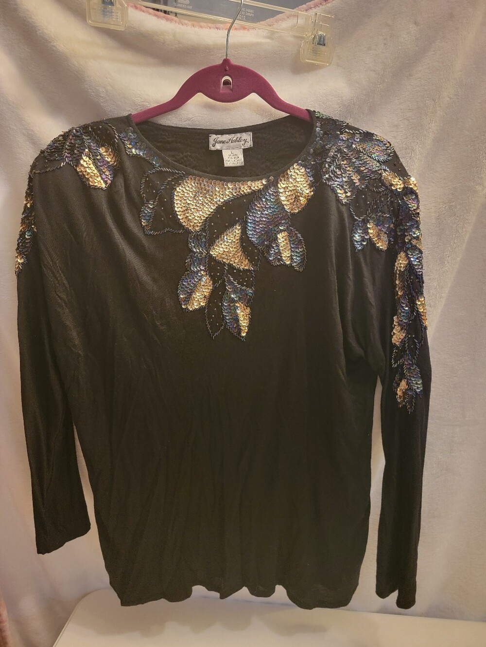 VTG Jane Ashley Retro Floral Beaded Sequin  Black, Gold, LargeStatement Blouse.